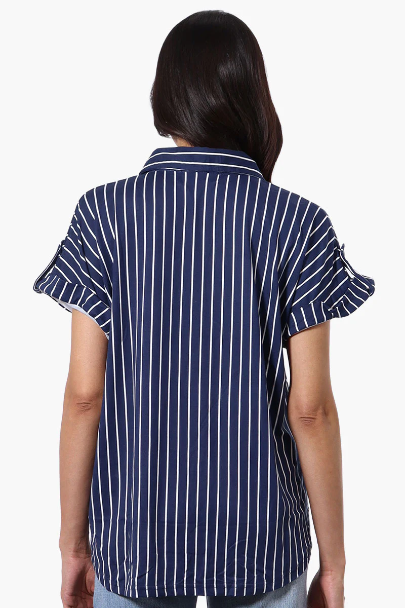 Urbanology Striped Button Down Short Sleeve Shirt - Navy - Image 3