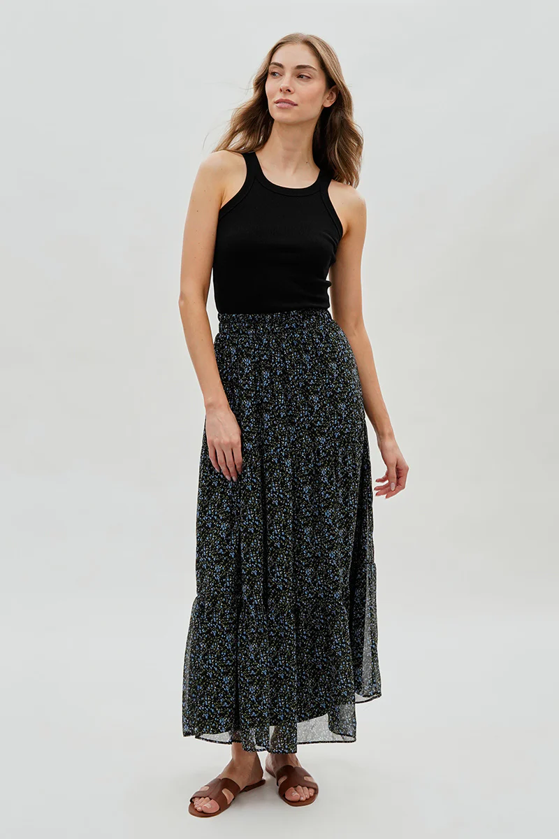 Costa Blanca Floral Tiered Chiffon Maxi Skirt - Black - Image 5