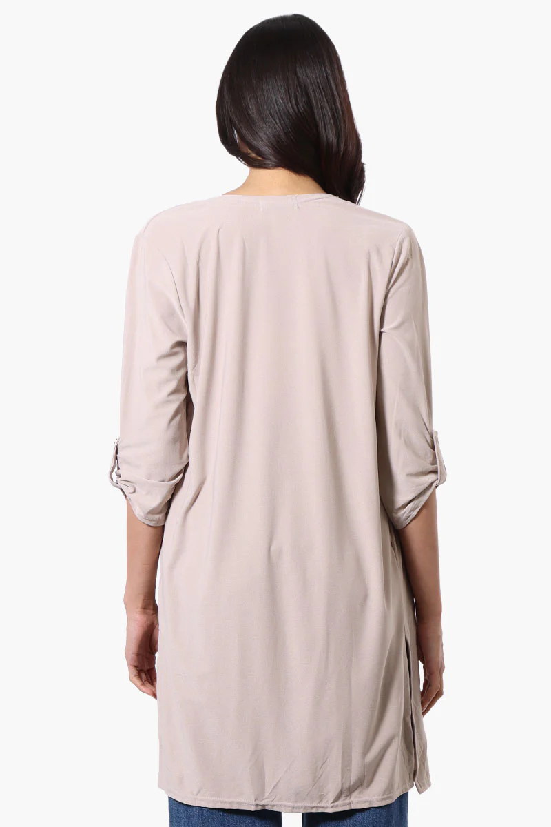 International INC Company Roll Up Sleeve Open Duster Cardigan - Beige - Image 3