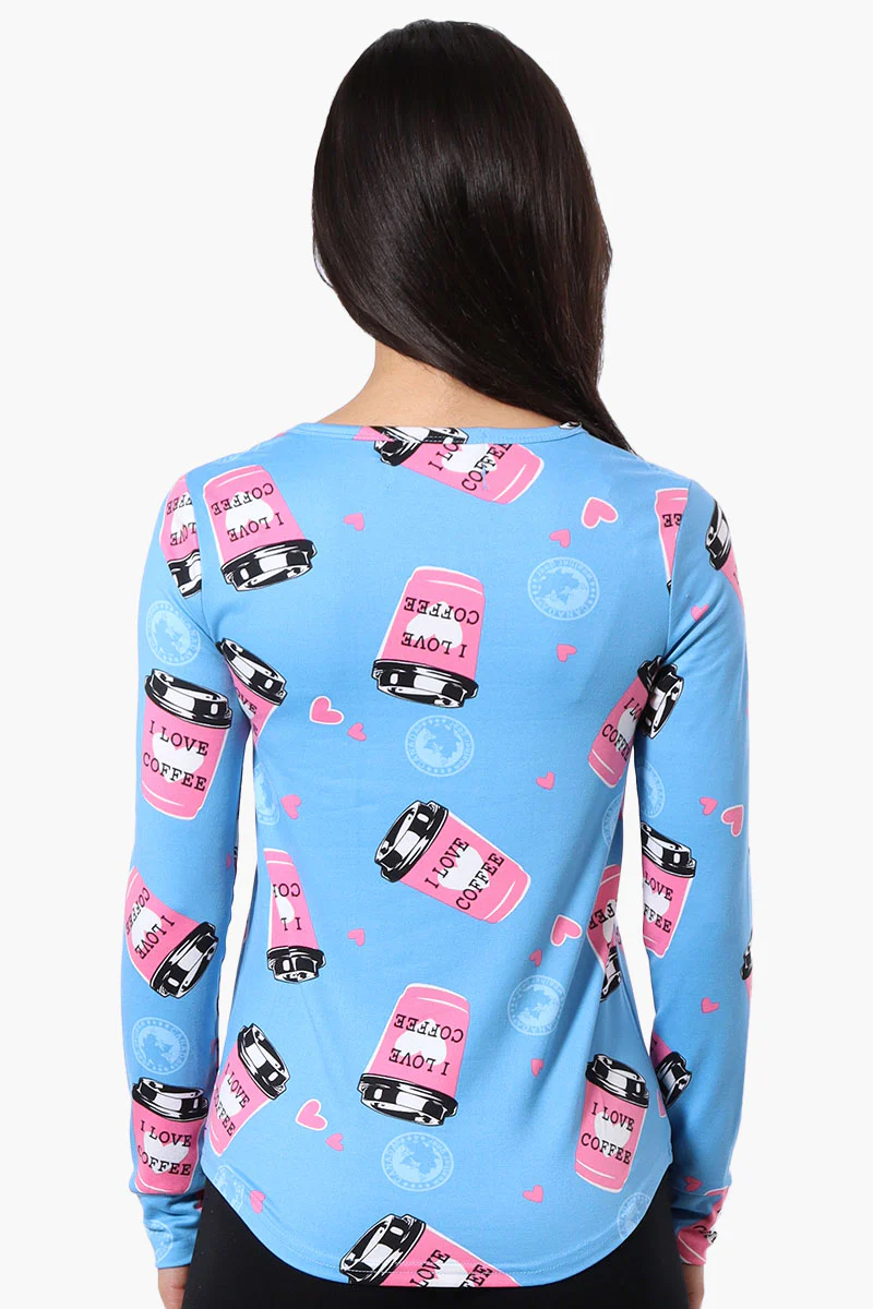 Canada Weather Gear I Love Coffee Pattern Henley Pajama Top - Blue - Image 3