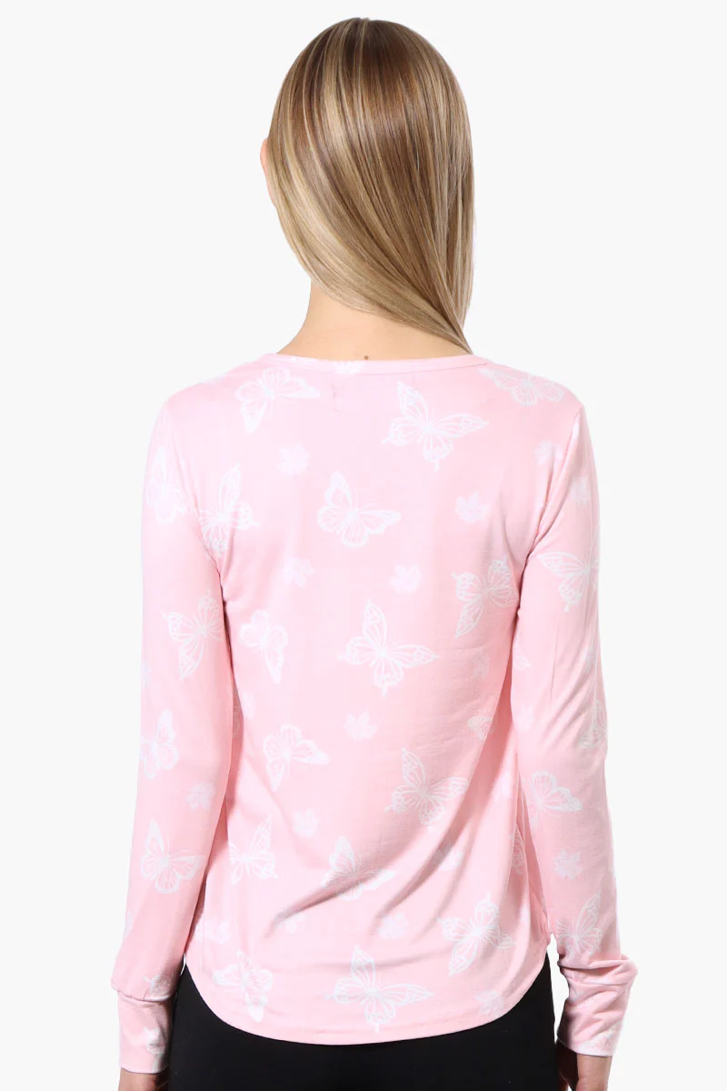 Canada Weather Gear Butterfly Pattern Henley Pajama Top - Pink - Image 3
