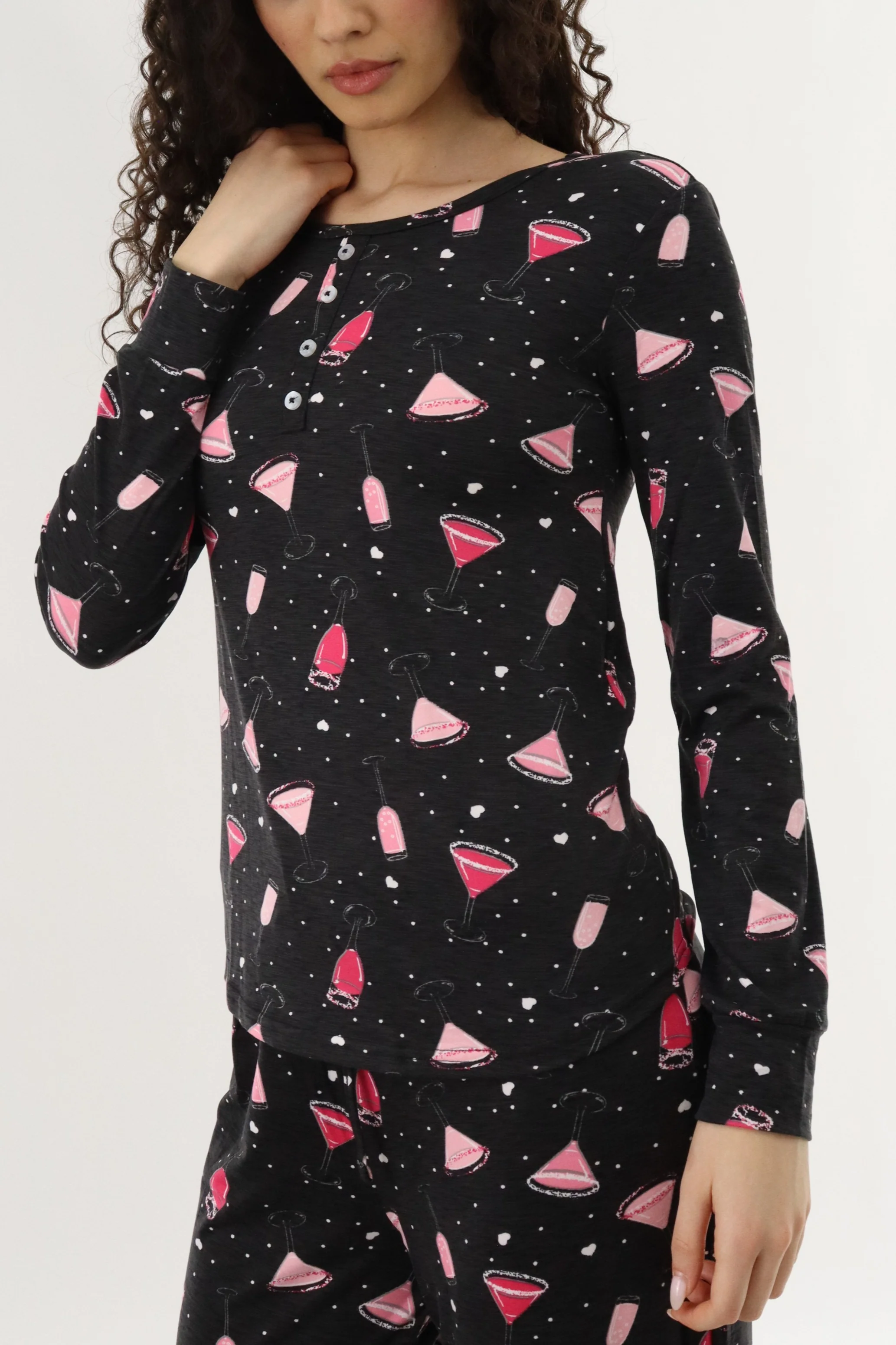 Canada Weather Gear Long Sleeve Drinks Print Pajama Top - Black - Image 4