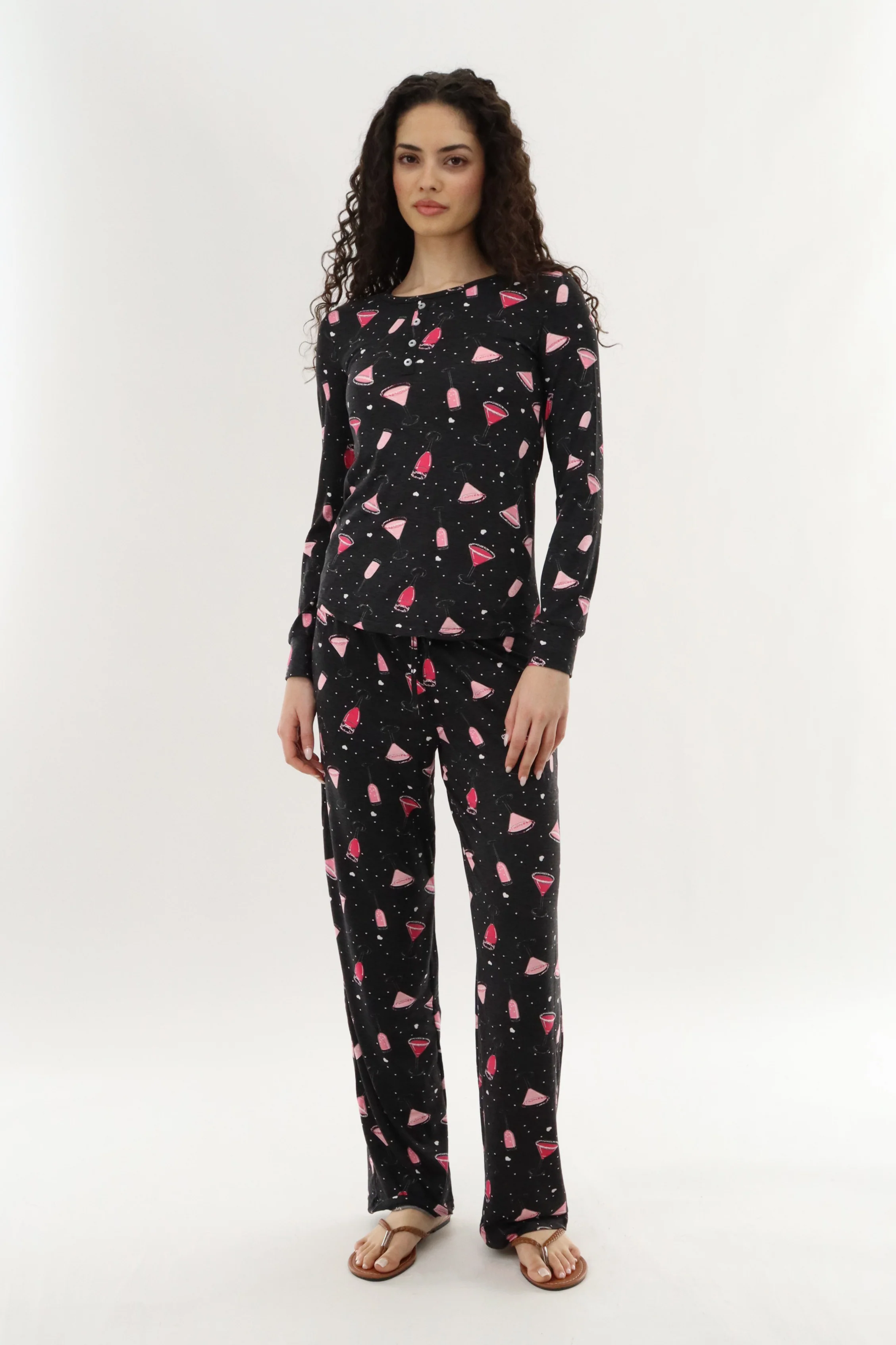 Canada Weather Gear Long Sleeve Drinks Print Pajama Top - Black - Image 5