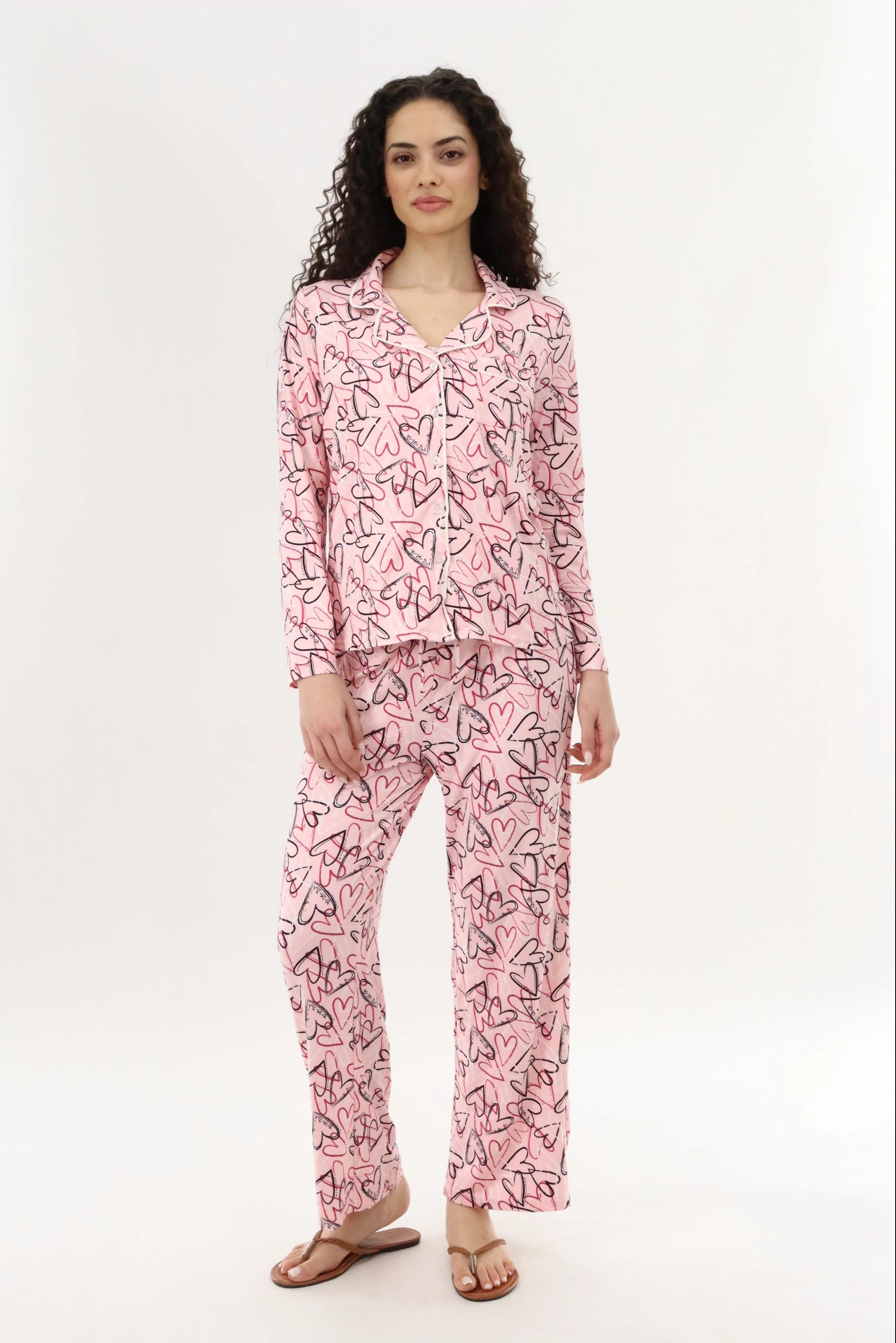 Canada Weather Gear Heart Print Button Up Pajama Top - Magenta - Image 5