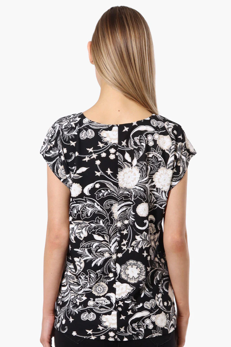 Impress Patterned Cap Sleeve Circle Neck Tee - Black - Image 3