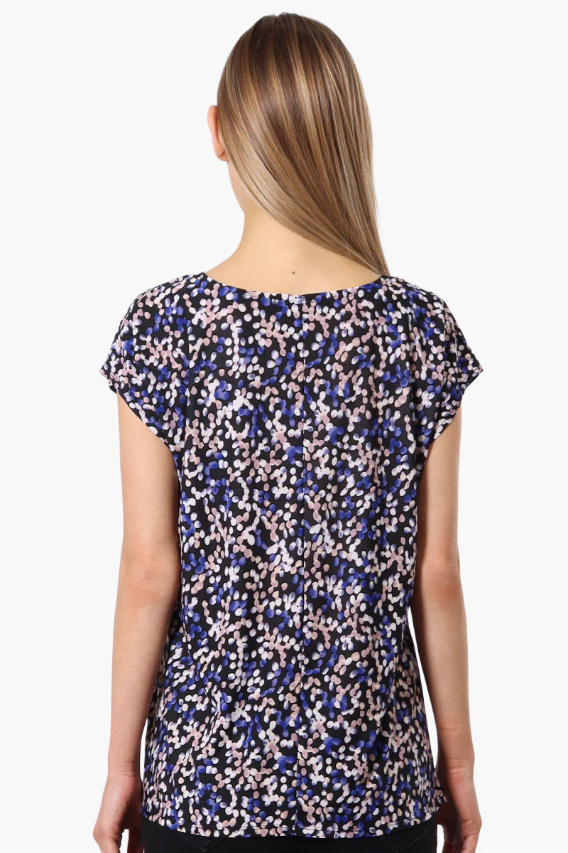 Impress Patterned Cap Sleeve Circle Neck Tee - Navy - Image 3